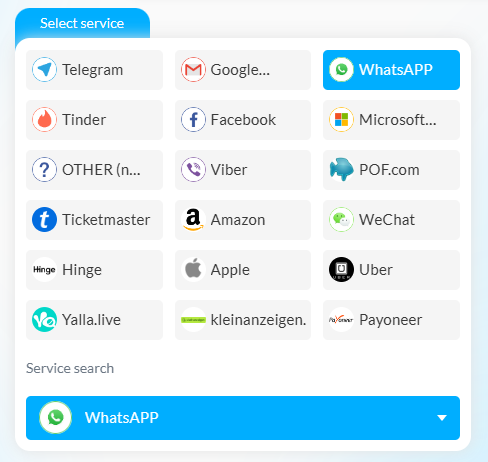 Liste de tous les services disponibles sur SMSpva avec le service sélectionné WhatsApp